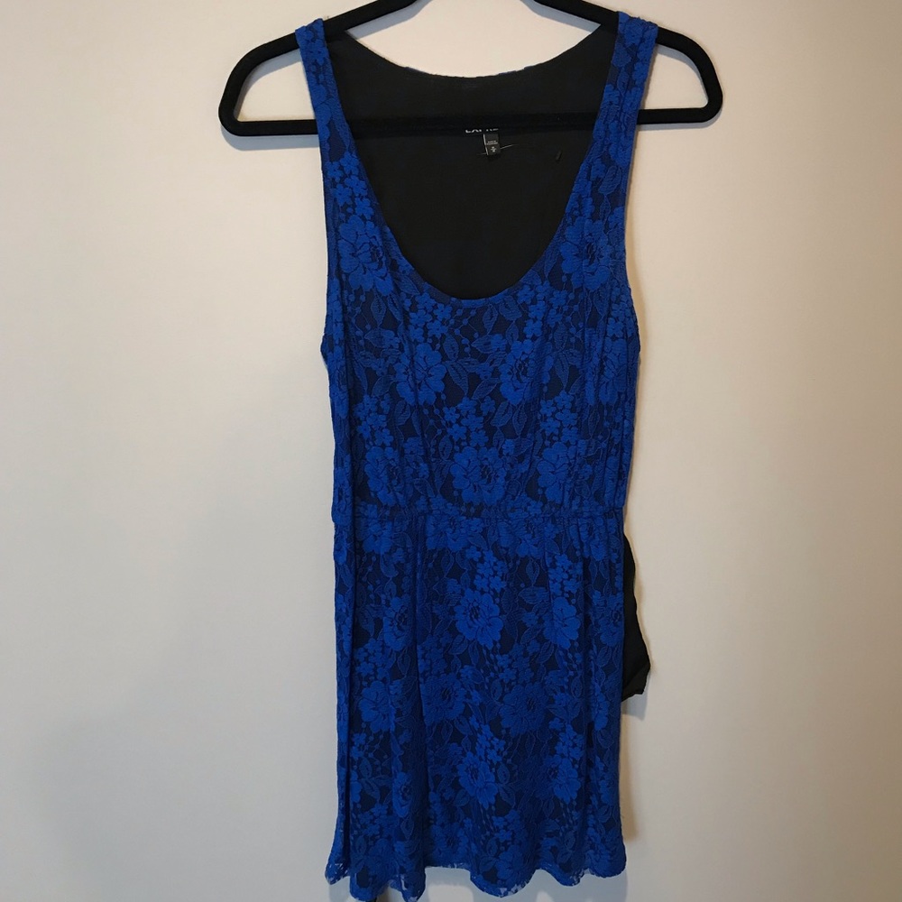 Express belted blue and black lace dress